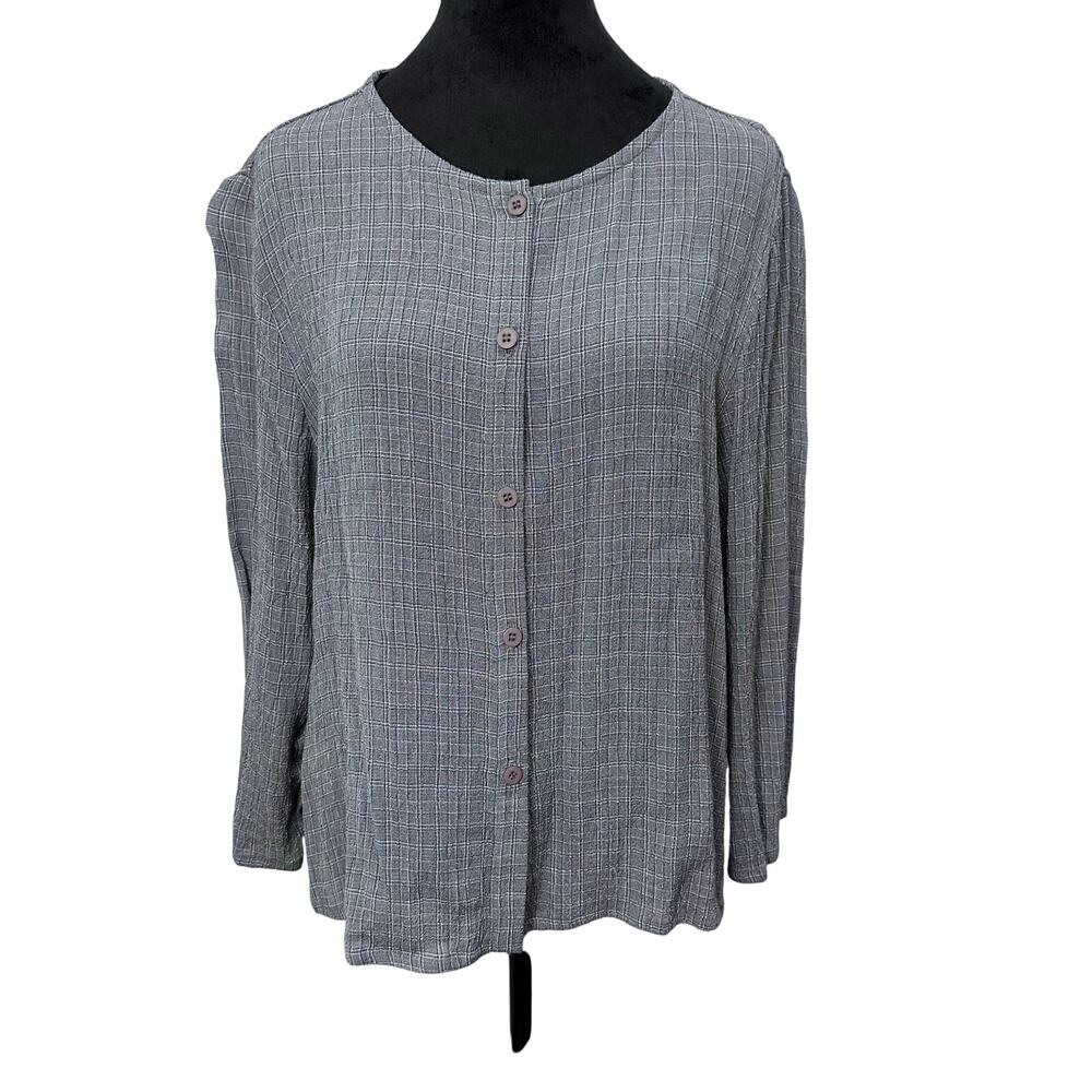 Eileen‎ Fisher Italian Micro Plaid Shirt M Made in USA Quiet Luxury Core